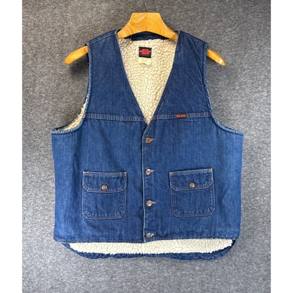 Vintage 1970 Big Ben Wrangler Denim Work Vest Mens L Sherpa Lined USA Made Ranch
